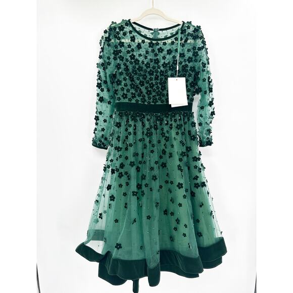 Mac Duggal 67007 Embellished Illusion High Neck Velvet Floral Dress 4 Emerald - Picture 2 of 7